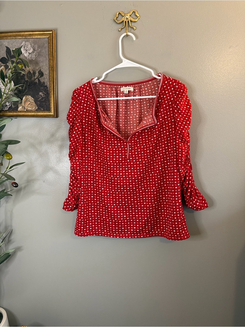 Max Studio Red Polka Dot Puff Sleeve Blouse Size Small Cottagecore Feminine - Picture 3 of 8